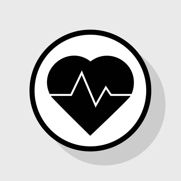 Illustration de signe de battement de coeur. Vecteur. Icône noire plate en cercle blanc avec ombre sur fond gris . — Image vectorielle
