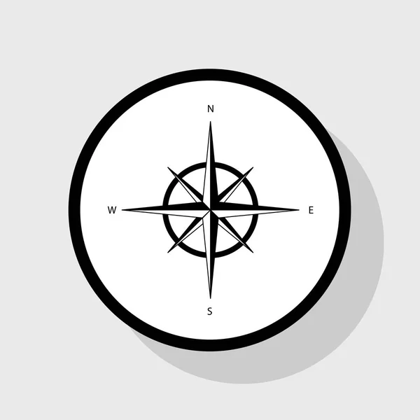 Signo de rosa de viento. Vector. Icono plano negro en círculo blanco con sombra en fondo gris . — Archivo Imágenes Vectoriales