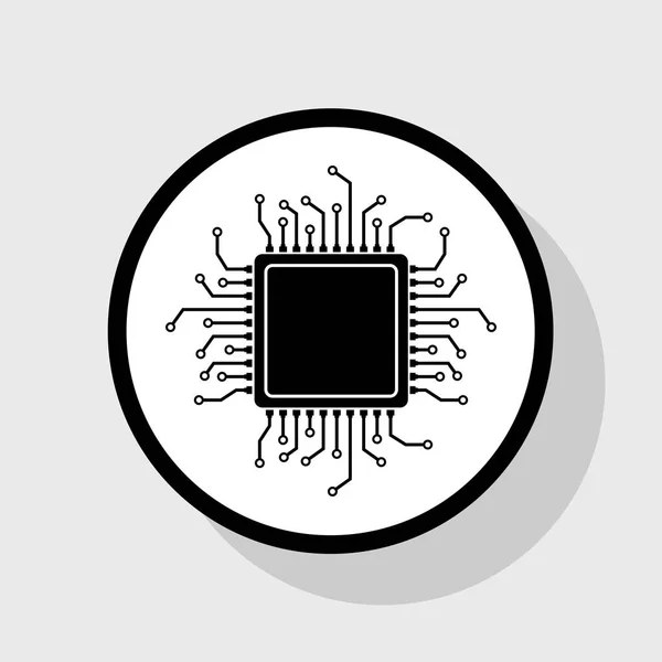 CPU mikroprocessor illustration. Vektor. Platt svart ikon i vit cirkel med skugga på grå bakgrund. — Stock vektor
