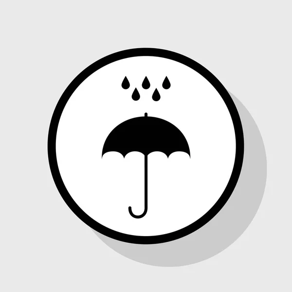 Зонтик с капельками воды. Символ защиты от дождя. Плоский стиль дизайна. Вектор. Плоская черная иконка в белом круге с тенью на сером фоне . — стоковый вектор