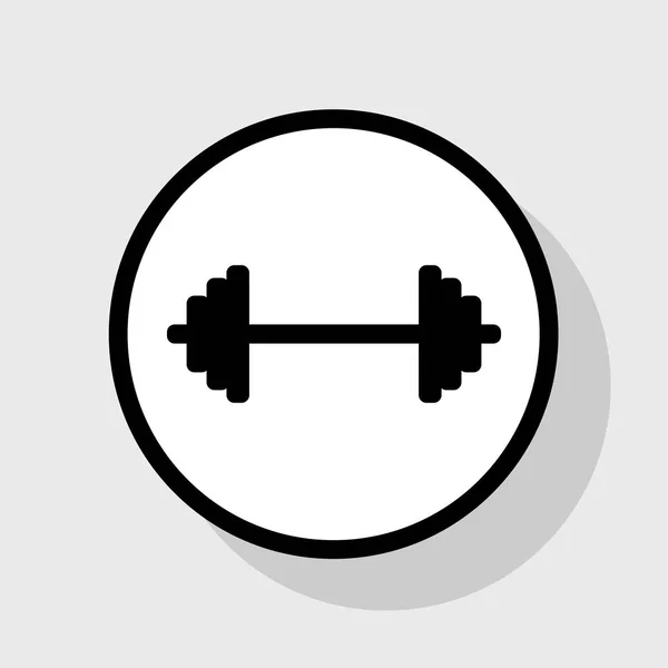 Dumbbell pesi segno. Vettore. Icona nera piatta in cerchio bianco con ombra su sfondo grigio . — Vettoriale Stock