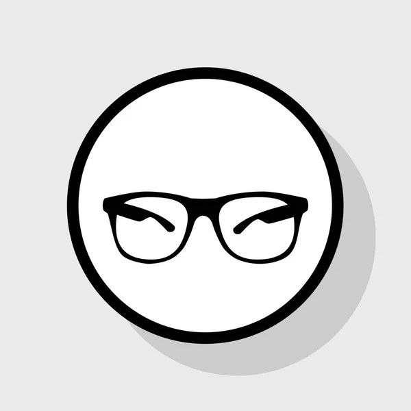 Gafas de sol signo ilustración. Vector. Icono plano negro en círculo blanco con sombra en fondo gris . — Archivo Imágenes Vectoriales