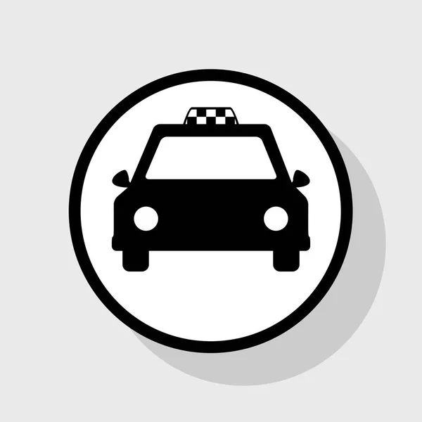 Illustration de signe de taxi. Vecteur. Icône noire plate en cercle blanc avec ombre sur fond gris . — Image vectorielle