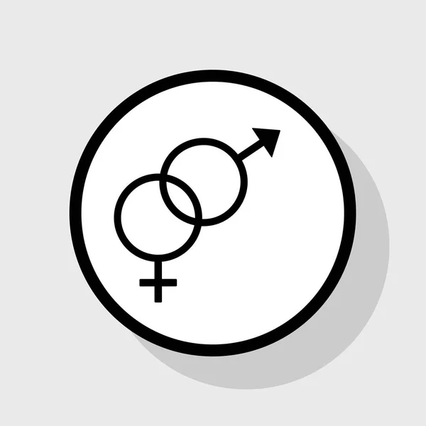 Sexsymbol tecken. Vektor. Platt svart ikon i vit cirkel med skugga på grå bakgrund. — Stock vektor