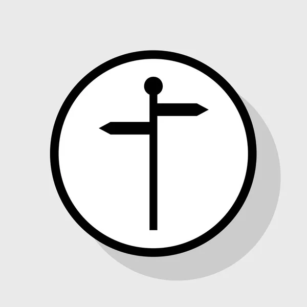Direction panneau routier. Vecteur. Icône noire plate en cercle blanc avec ombre sur fond gris . — Image vectorielle