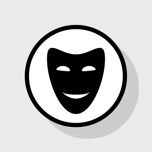 Komedie theatrale maskers. Vector. Platte zwarte pictogram in de witte cirkel met schaduw op grijze achtergrond. — Stockvector