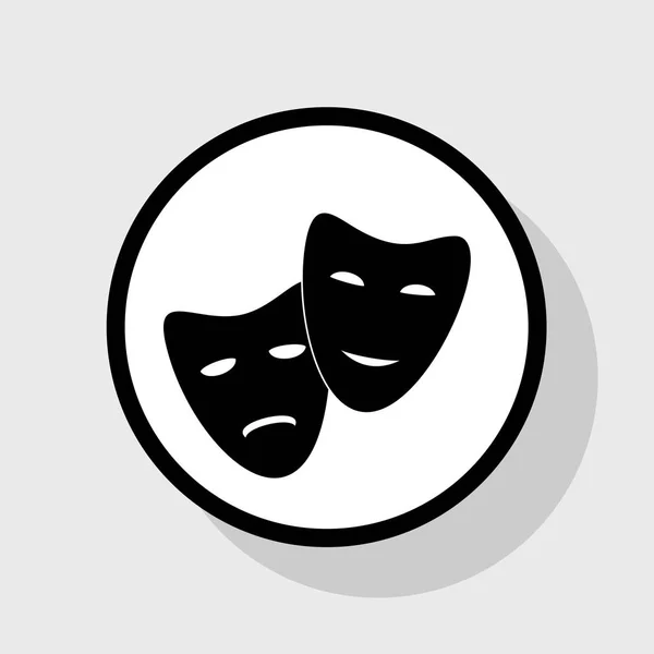 Icône de théâtre avec des masques heureux et tristes. Vecteur. Icône noire plate en cercle blanc avec ombre sur fond gris . — Image vectorielle