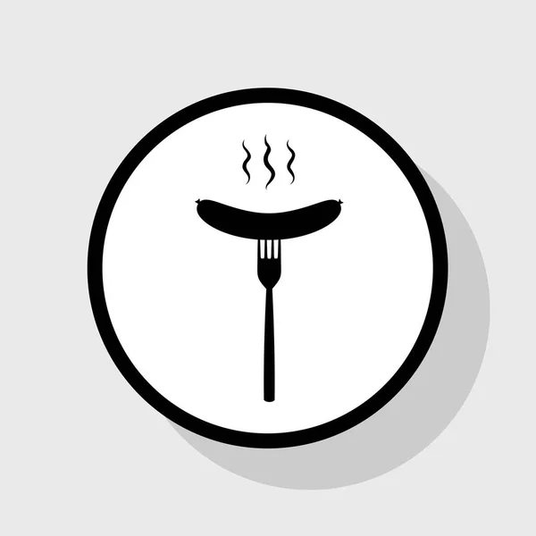 Saucisse à la fourchette. Vecteur. Icône noire plate en cercle blanc avec ombre sur fond gris . — Image vectorielle