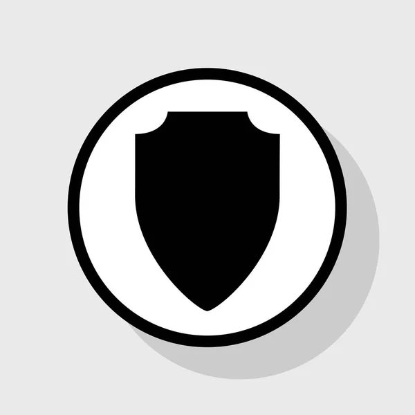 Illustration du bouclier. Vecteur. Icône noire plate en cercle blanc avec ombre sur fond gris . — Image vectorielle