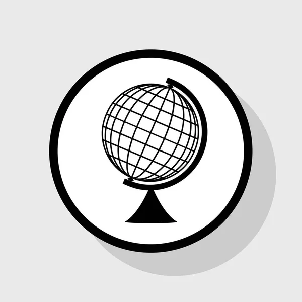 Segno del globo terrestre. Vettore. Icona nera piatta in cerchio bianco con ombra su sfondo grigio . — Vettoriale Stock