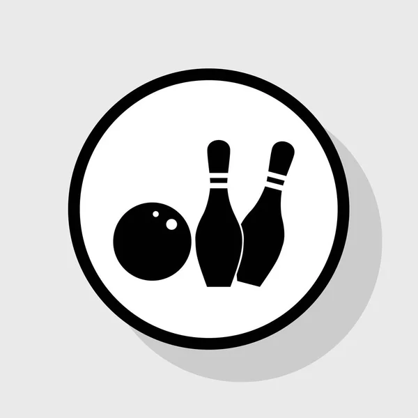 Bowling Zeichen Illustration. Vektor. flaches schwarzes Symbol in weißem Kreis mit Schatten auf grauem Hintergrund. — Stockvektor