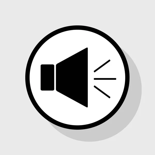Illustration de signe sonore avec marque muette. Vecteur. Icône noire plate en cercle blanc avec ombre sur fond gris . — Image vectorielle