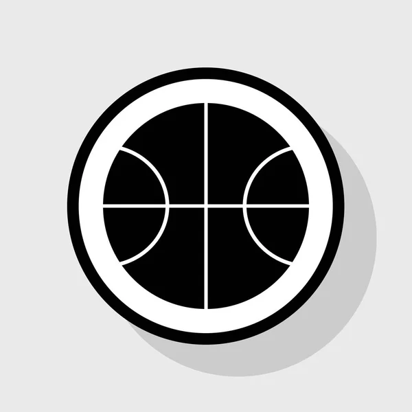 Ilustración de la bola de baloncesto. Vector. Icono plano negro en círculo blanco con sombra en fondo gris . — Vector de stock