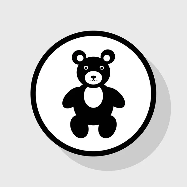 Teddy bear logga illustration. Vektor. Platt svart ikon i vit cirkel med skugga på grå bakgrund. — Stock vektor