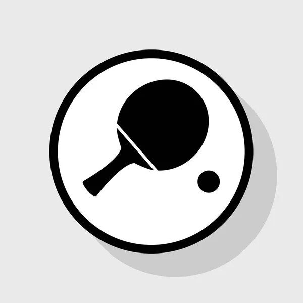 Ping-pong pagaie avec balle. Vecteur. Icône noire plate en cercle blanc avec ombre sur fond gris . — Image vectorielle