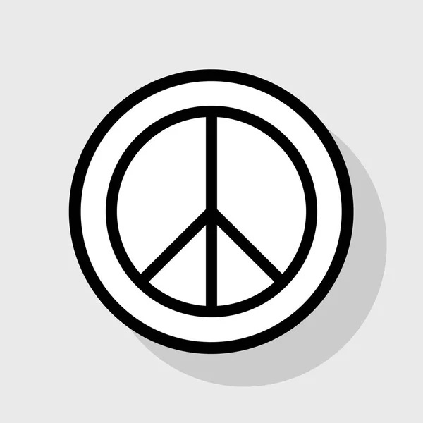 Peace-tecken illustration. Vektor. Platt svart ikon i vit cirkel med skugga på grå bakgrund. — Stock vektor