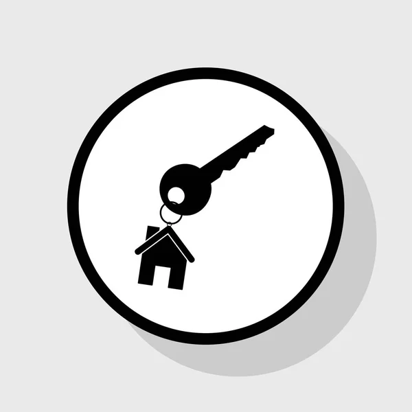 Clé avec porte-clés comme signe de maison. Vecteur. Icône noire plate en cercle blanc avec ombre sur fond gris . — Image vectorielle