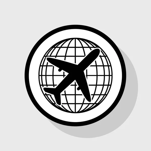 Globe and plane travel sign. Vector. Flat black icon in white circle with shadow at gray background. — Stock Vector