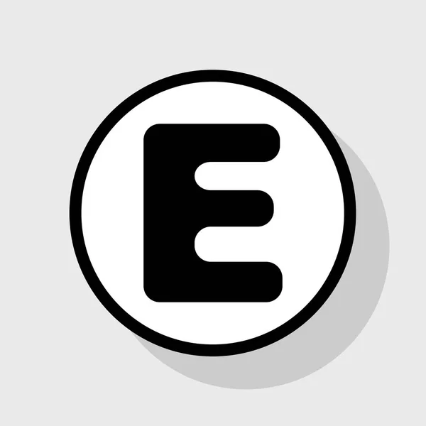 Písmeno E znak design prvek šablony. Vektor. Plochá černá ikona v bílém kruhu se stínem na šedém pozadí. — Stockový vektor