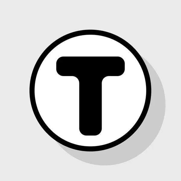 Písmeno T znak design prvek šablony. Vektor. Plochá černá ikona v bílém kruhu se stínem na šedém pozadí. — Stockový vektor