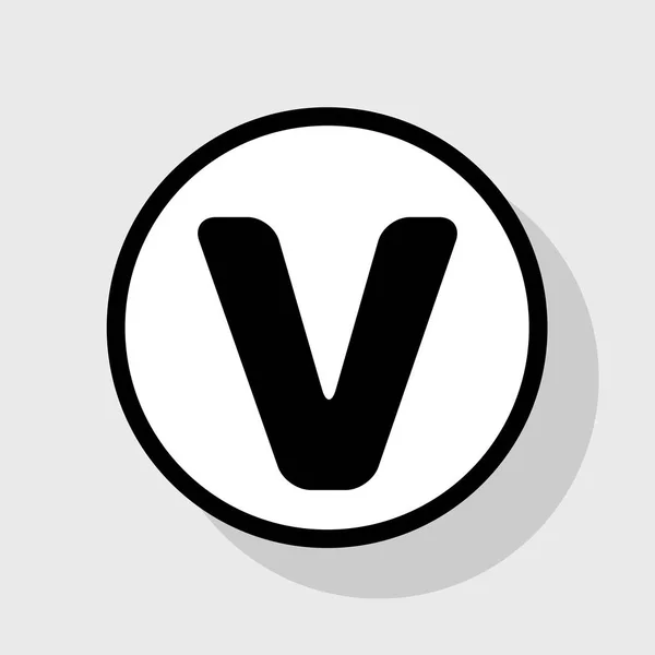 Σύμβολο γράμμα V πρότυπο στοιχείο σχεδίου. Διάνυσμα. Επίπεδη μαύρο εικονίδιο στο λευκό κύκλο με σκιά στο γκρίζο φόντο. — Διανυσματικό Αρχείο