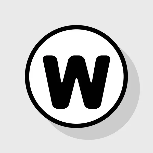 Písmeno W znak design prvek šablony. Vektor. Plochá černá ikona v bílém kruhu se stínem na šedém pozadí. — Stockový vektor