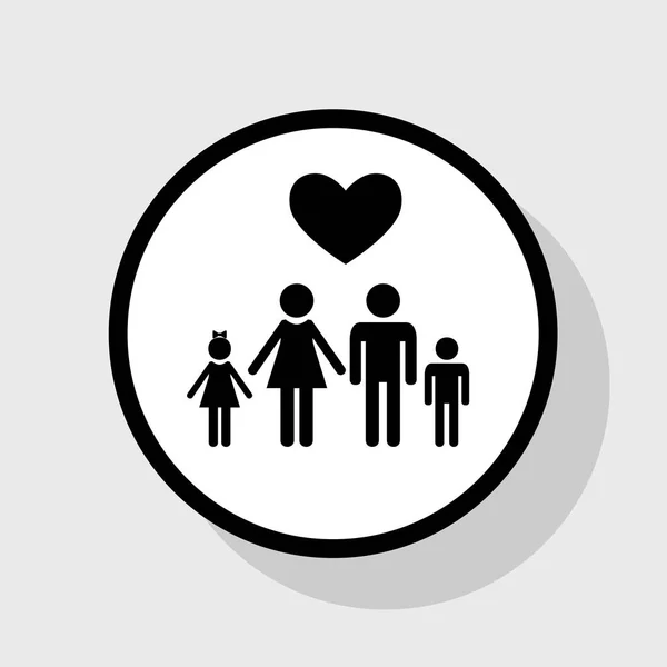 Símbolo familiar con corazón. El marido y la esposa se mantienen manos de niños. Amor. Vector. Icono plano negro en círculo blanco con sombra en fondo gris . — Vector de stock