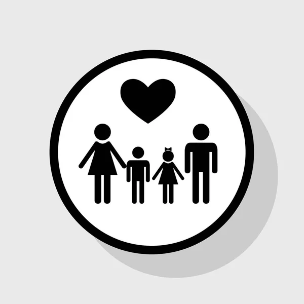 Símbolo de família com coração. Marido e mulher são mantidos as mãos das crianças. Vector. Ícone preto plano em círculo branco com sombra no fundo cinza . —  Vetores de Stock