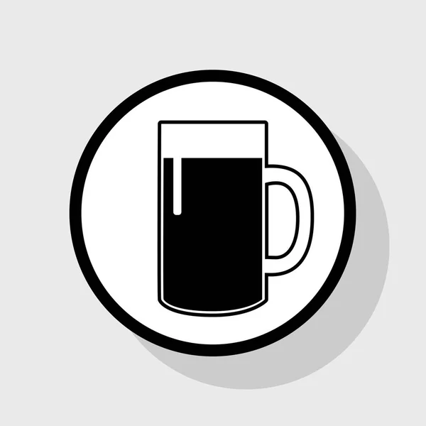 Bierglasschild. Vektor. flaches schwarzes Symbol in weißem Kreis mit Schatten auf grauem Hintergrund. — Stockvektor