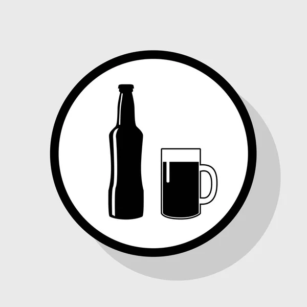 Bier fles teken. Vector. Platte zwarte pictogram in de witte cirkel met schaduw op grijze achtergrond. — Stockvector