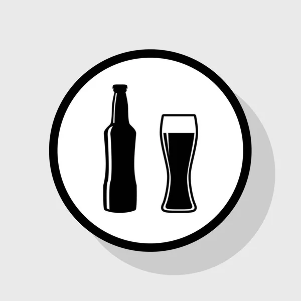 Beer bottle sign. Vector. Flat black icon in white circle with shadow at gray background. — Stock Vector