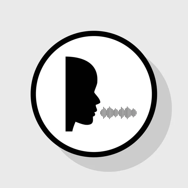 Des gens qui parlent ou chantent. Vecteur. Icône noire plate en cercle blanc avec ombre sur fond gris . — Image vectorielle