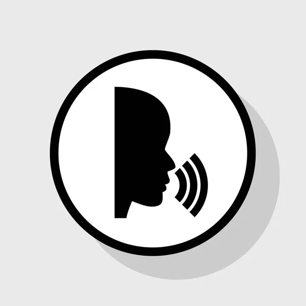 Des gens qui parlent ou chantent. Vecteur. Icône noire plate en cercle blanc avec ombre sur fond gris . — Image vectorielle
