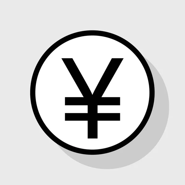 Yen sign. Vector. Flat black icon in white circle with shadow at gray background. — Stock Vector