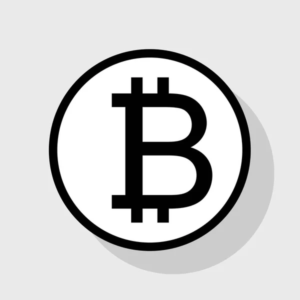 Bitcoin sign. Vector. Flat black icon in white circle with shadow at gray background. — Stock Vector