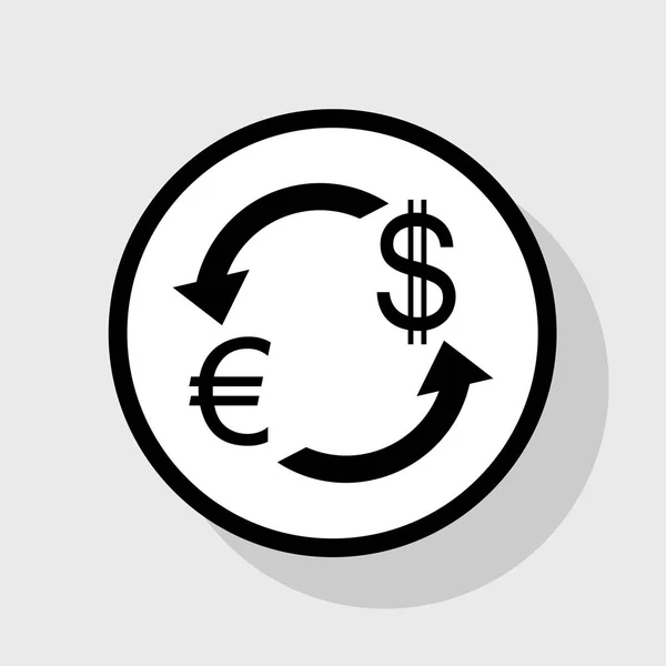 Знак обмена валюты. Евро и доллар. Вектор. Плоская черная иконка в белом круге с тенью на сером фоне . — стоковый вектор