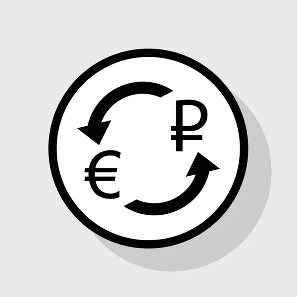 Valutaväxling, sign. Euron och Ryssland rubel. Vektor. Platt svart ikon i vit cirkel med skugga på grå bakgrund. — Stock vektor