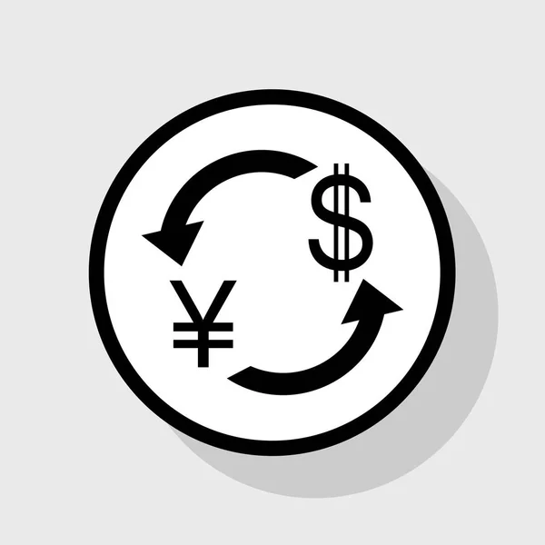 Знак обмена валюты. Японская иена и доллар. Вектор. Плоская черная иконка в белом круге с тенью на сером фоне . — стоковый вектор