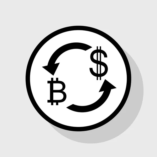 通貨は交換サインです。Bitcoin と米国ドル。ベクトル。灰色の背景に影を白い円のフラット ブラック アイコン. — ストックベクタ