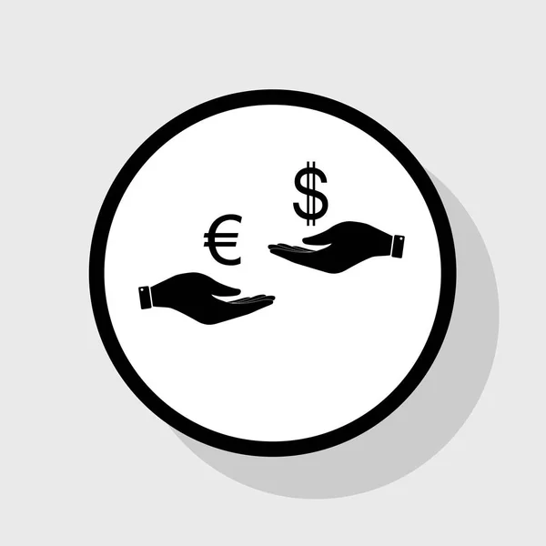 Currency exchange from hand to hand. Euro and Dollar. Vector. Flat black icon in white circle with shadow at gray background. — Stock Vector