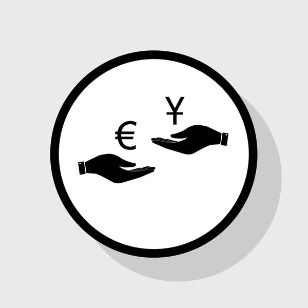 Currency exchange from hand to hand. Euro and Yuan. Vector. Flat black icon in white circle with shadow at gray background. — Stock Vector