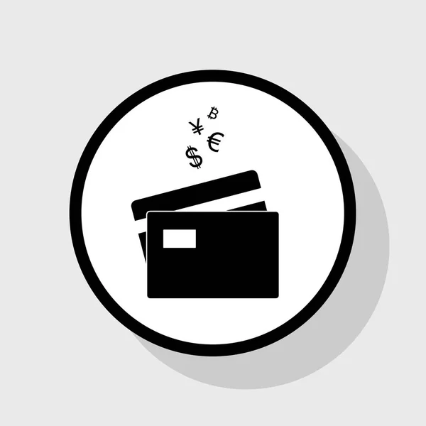 Kreditkort logga med valutasymboler. Vektor. Platt svart ikon i vit cirkel med skugga på grå bakgrund. — Stock vektor