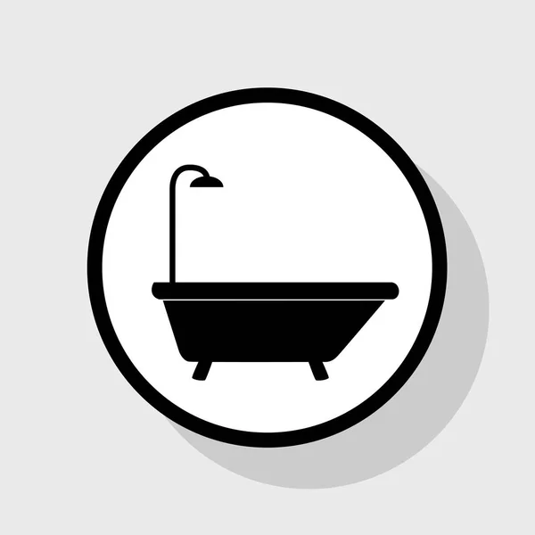 Bathtub sign. Vector. Flat black icon in white circle with shadow at gray background. — Stock Vector