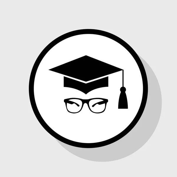 Mortar Board or Graduation Cap with glass. Vector. Flat black icon in white circle with shadow at gray background. — Stock Vector