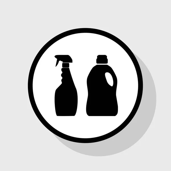 Household chemical bottles sign. Vector. Flat black icon in white circle with shadow at gray background. — Stock Vector