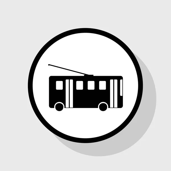 Panneau de trolleybus. Vecteur. Icône noire plate en cercle blanc avec ombre sur fond gris . — Image vectorielle