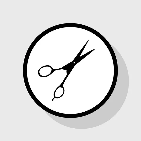 Haarschnitt-Schere Zeichen. Vektor. flaches schwarzes Symbol in weißem Kreis mit Schatten auf grauem Hintergrund. — Stockvektor