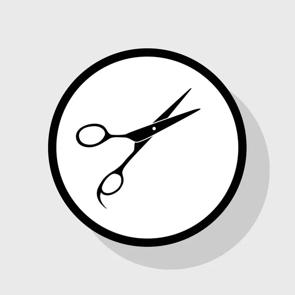 Sinal de tesoura para cortar cabelo. Vector. Ícone preto plano em círculo branco com sombra no fundo cinza . — Vetor de Stock