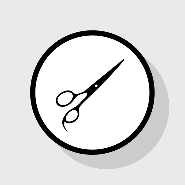 Hair cutting scissors sign. Vector. Flat black icon in white circle with shadow at gray background. — Stock Vector