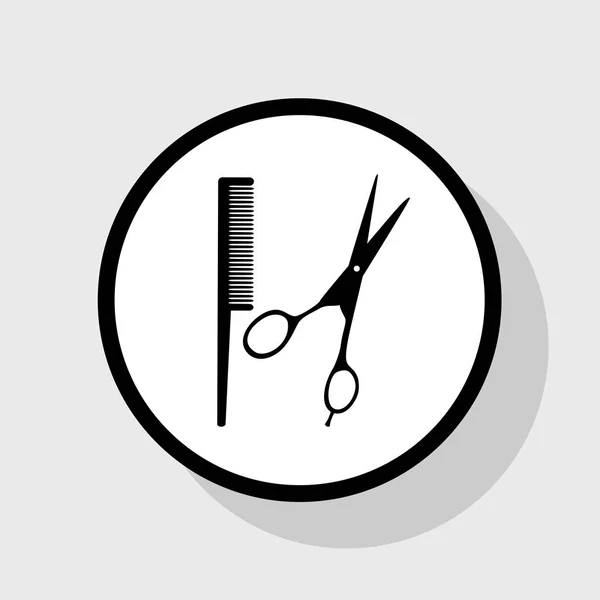 Barber shop znamení. Vektor. Plochá černá ikona v bílém kruhu se stínem na šedém pozadí. — Stockový vektor